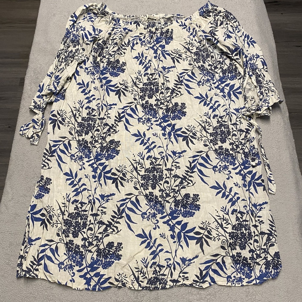 Francesca Bettini Linen Dress XL Ivory Blue Floral‎ Print Tie Sleeve Lagenlook